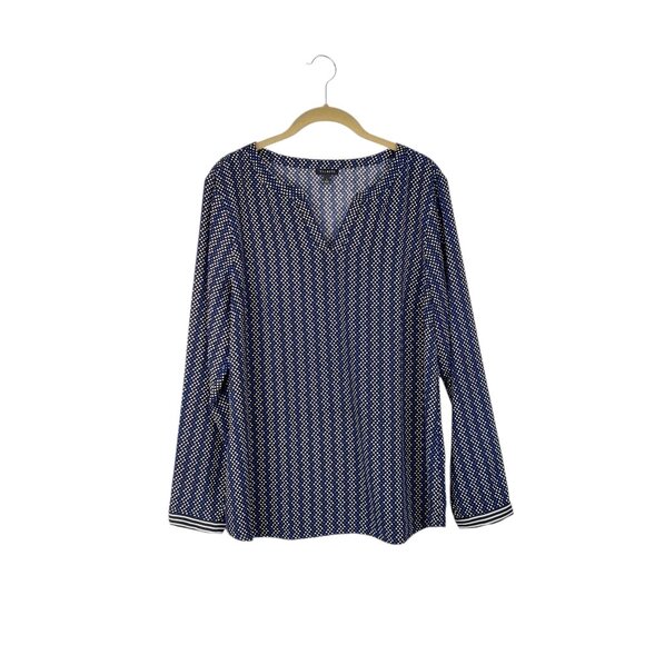 Talbots Split Neck Popover Blouse Black Blue Chevron Dot Stripe Womens Size L - Picture 1 of 6